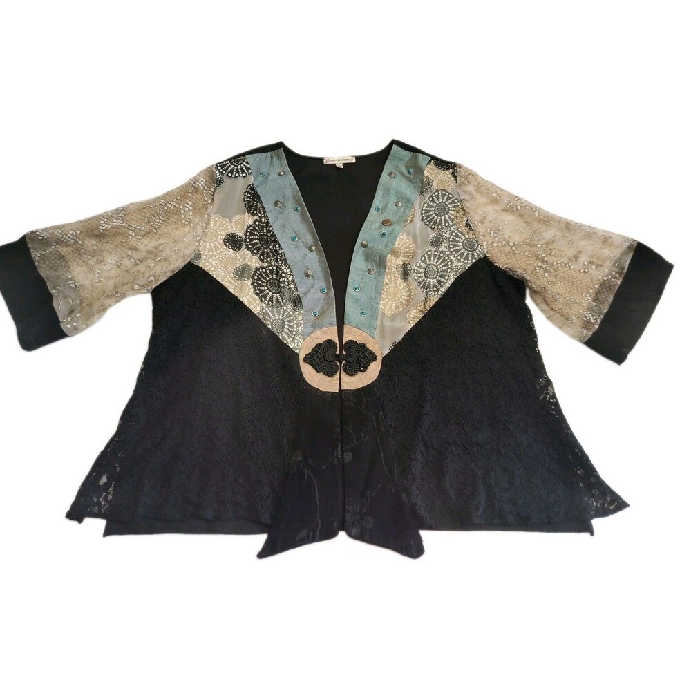 Spencer Alexis Kimono Top Lace Black Green Cream   Size 2X Vintage Rayon/Silk